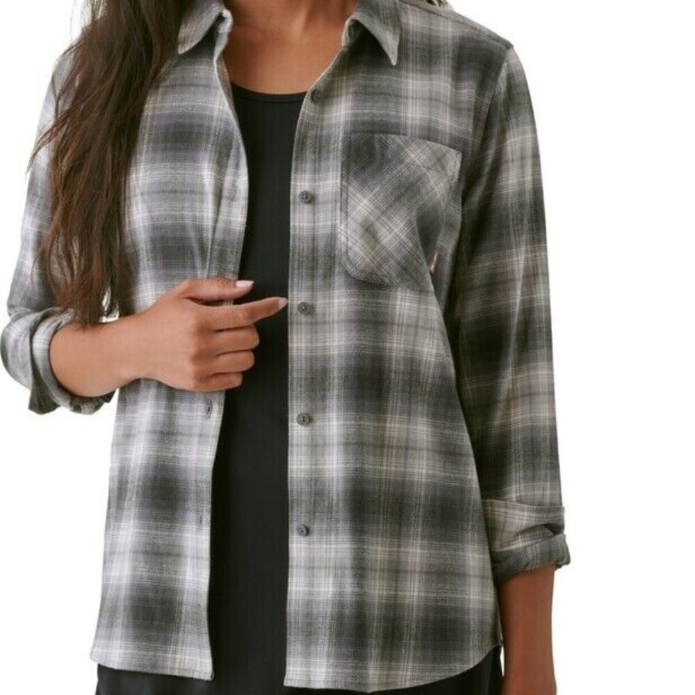 BASS OUTDOOR Women’s Expedition Stretch Flannel Shirt XS NWT – Gray Plaid